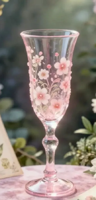 Glass adorned with delicate pink floral designs.