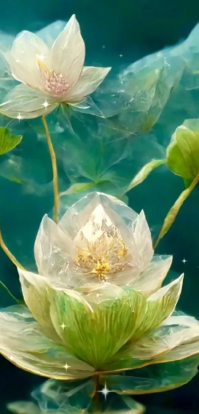 Translucent glass flowers with lush green leaves on a teal background.