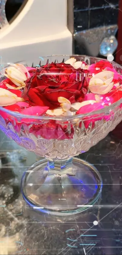 Elegant red rose and flowers in crystal glass bowl with digital effects.