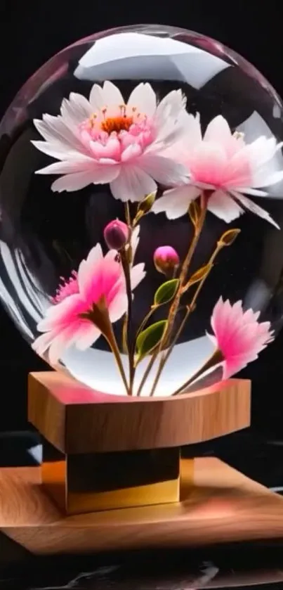 Elegant floral arrangement inside a glass orb on wooden base.