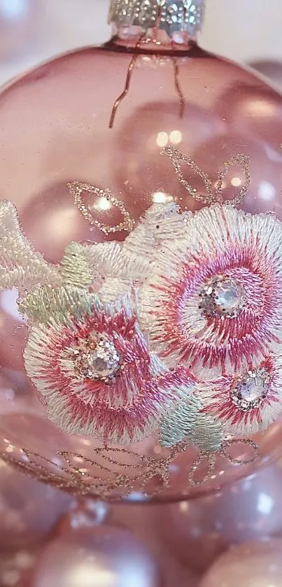 Pink glass ornament with floral embroidery design.