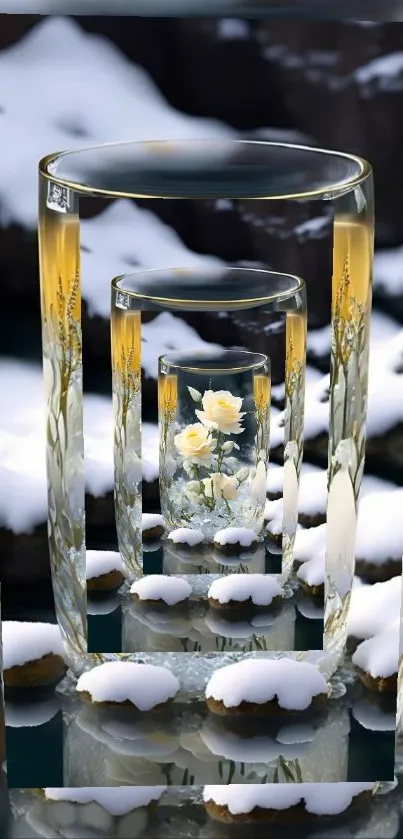 Glass reflection with flowers and snow.