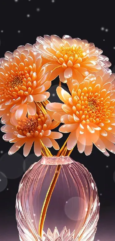 Elegant orange flowers in a glass vase on dark background.