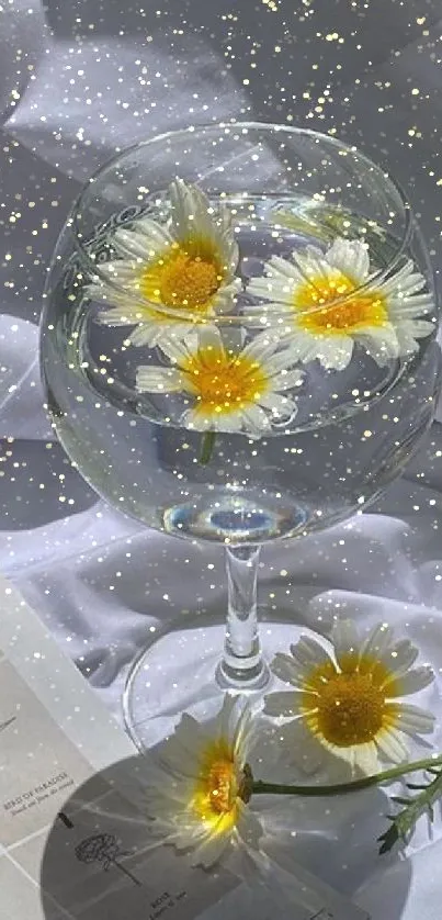 Elegant wallpaper with daisies in a glass of water.