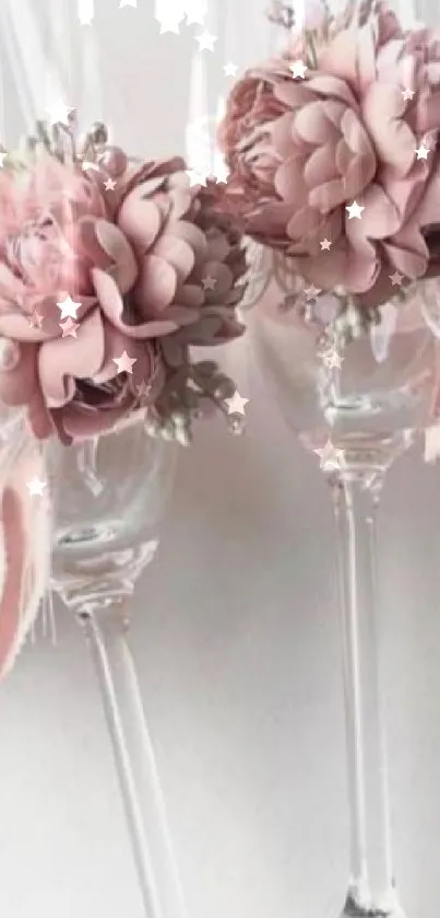 Elegant glassware with pink floral decor and satin ribbons.