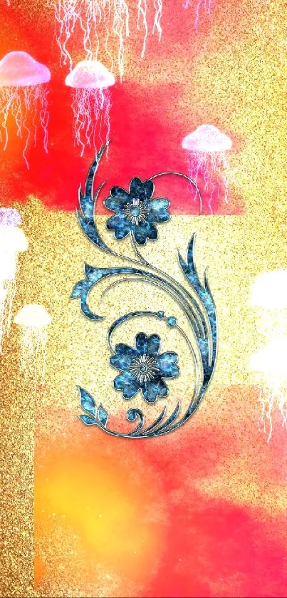 Elegant wallpaper with blue floral design on gold glitter background.