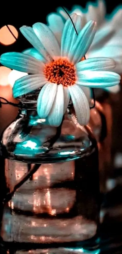 Elegant glowing flowers in glass bottles with a dark, tranquil background.