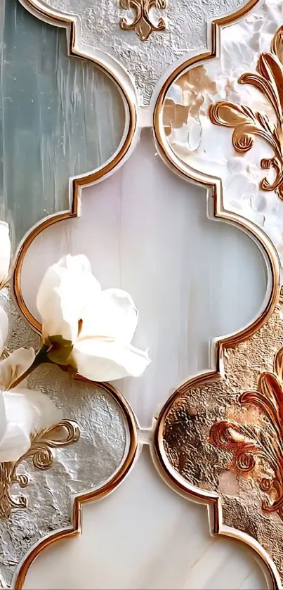 Elegant floral wallpaper with gold accents and blossoms.