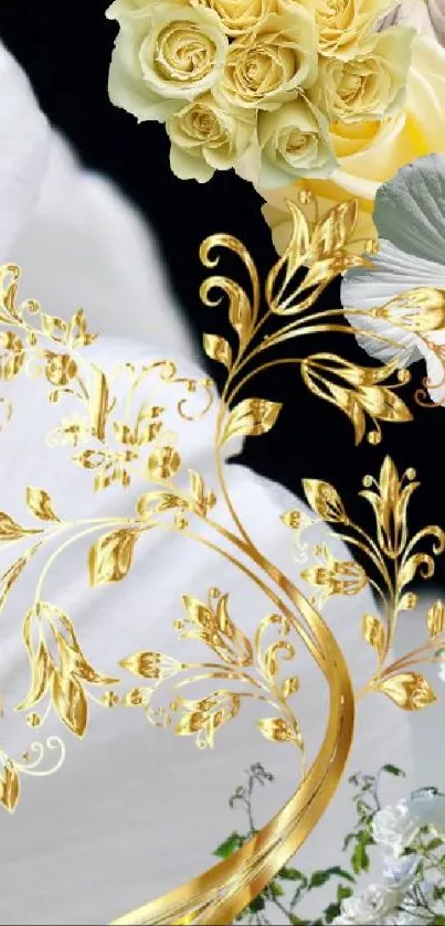 Elegant wallpaper with gold floral design and white flowers.