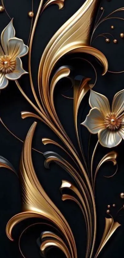 Luxurious gold floral design on black wallpaper
