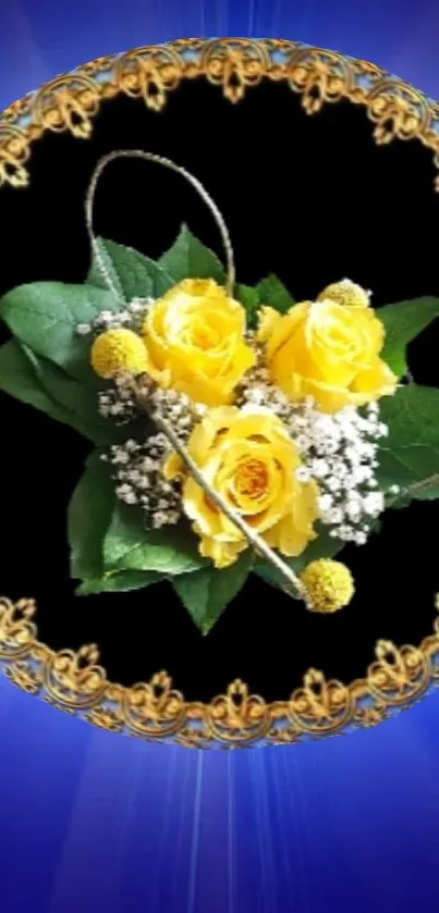 Vibrant yellow roses in a golden frame on a blue backdrop.