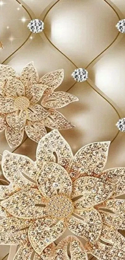 Elegant gold wallpaper with floral diamond design.