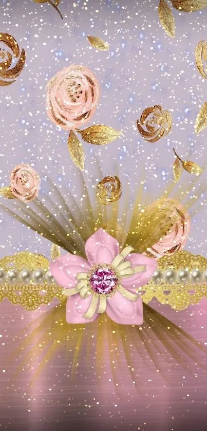 Elegant wallpaper with gold floral and pink accents.