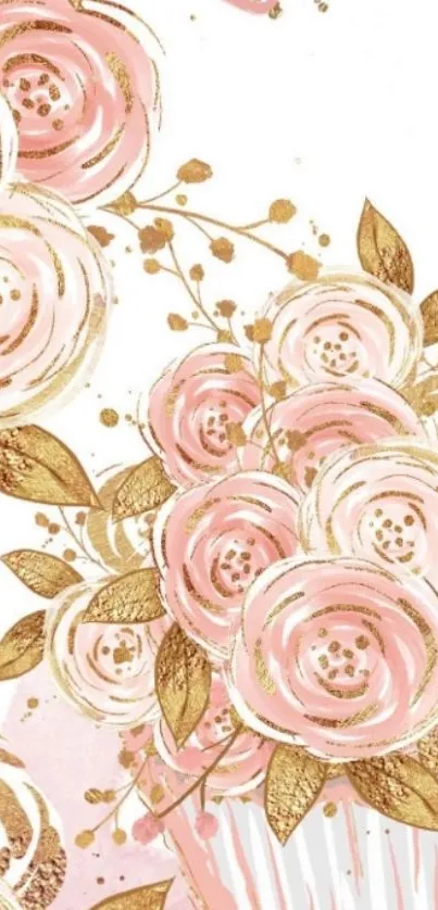 Elegant floral phone wallpaper with pink roses and gold accents.