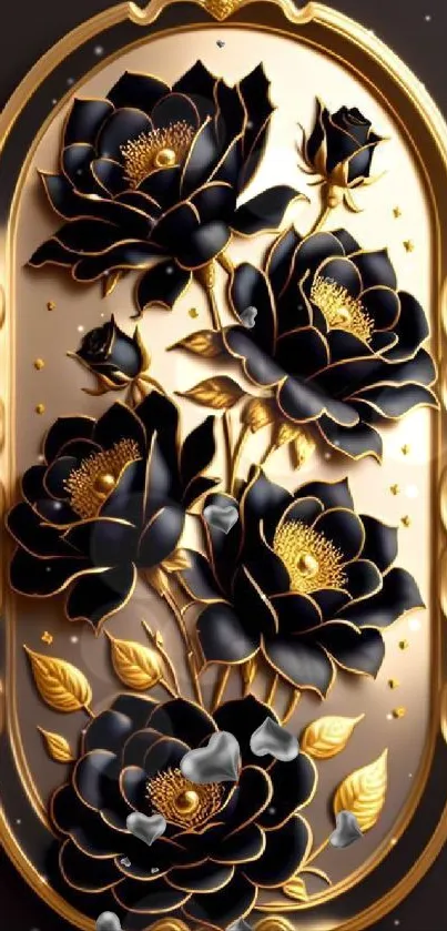 Luxurious black and gold floral design wallpaper.