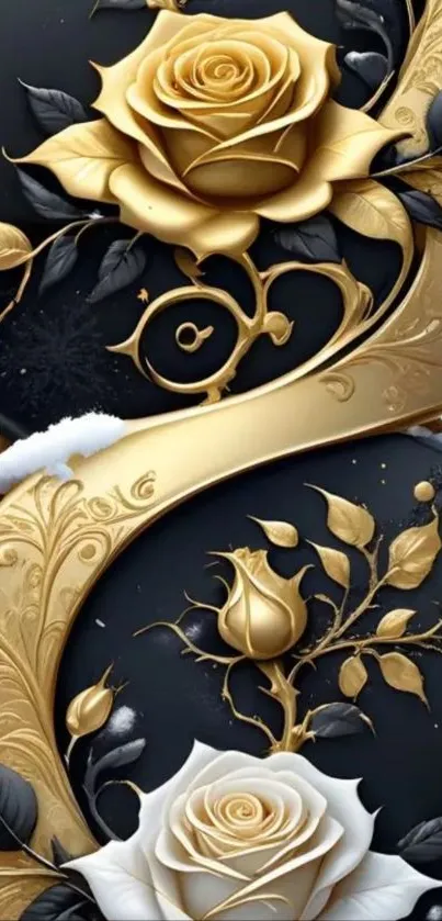 Elegant floral gold and black mobile wallpaper with roses.