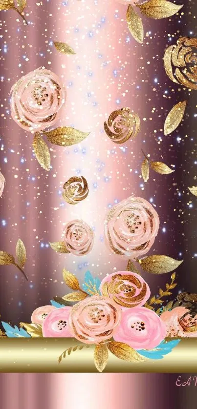 Luxurious mobile wallpaper with pink roses and golden leaves.