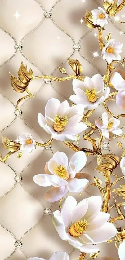 Elegant floral wallpaper with gold accents on a beige background.