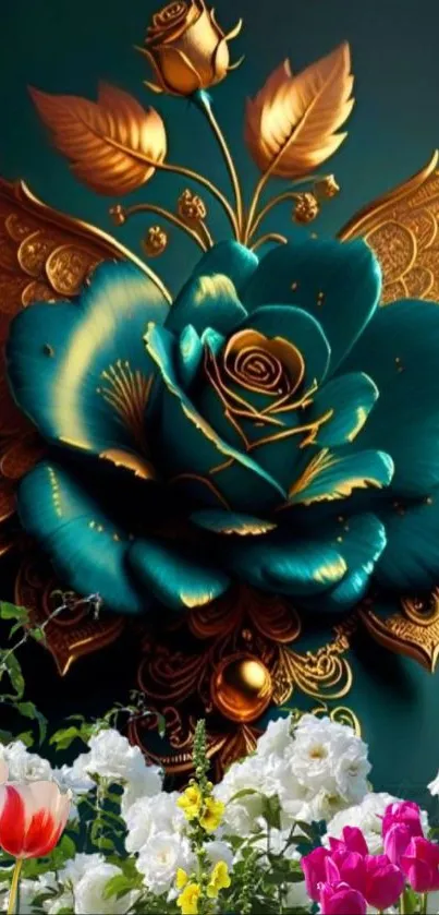 Teal and gold floral wallpaper with artistic design.