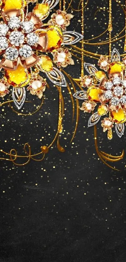 Intricate floral wallpaper with gold and jewels on a black background.