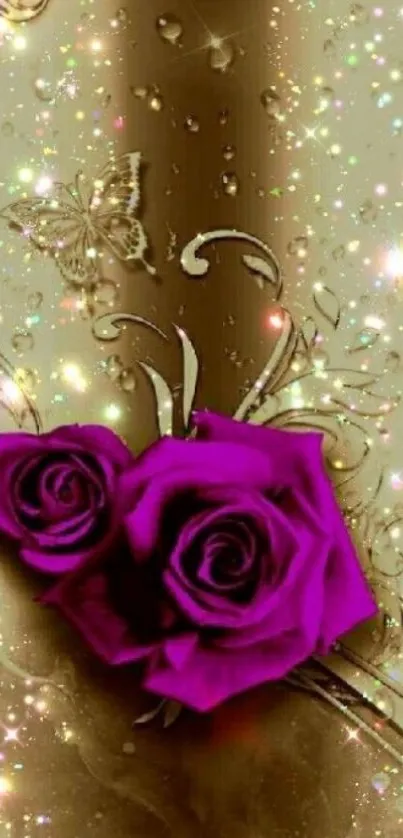 Luxurious gold wallpaper with purple roses and sparkling accents.
