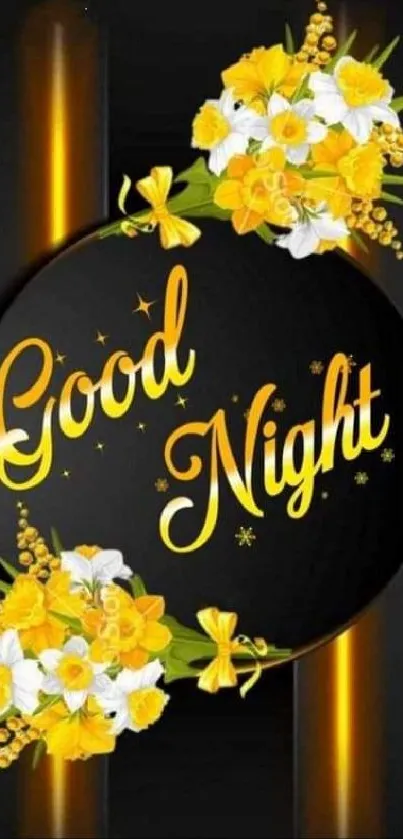 Good Night floral wallpaper with yellow flowers and black background.