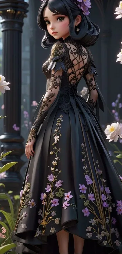 Anime-style figure in a detailed black floral dress.