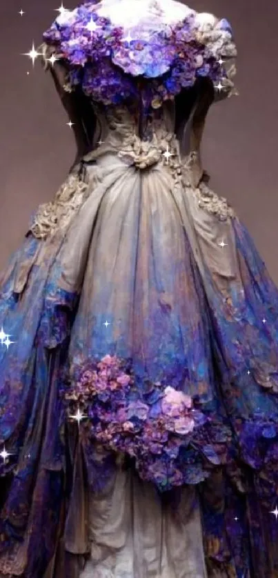 Elegant gown with purple and blue floral accents on a mobile wallpaper.