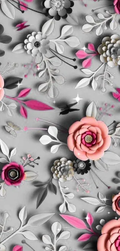 Gray floral wallpaper with pink accents.