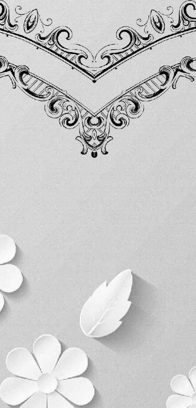 Elegant gray wallpaper with white floral designs and intricate patterns.