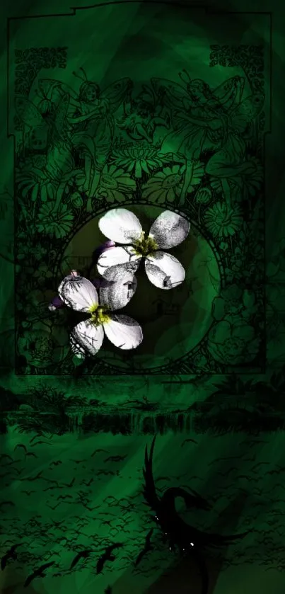 Elegant mobile wallpaper with white flowers on a dark green floral background.