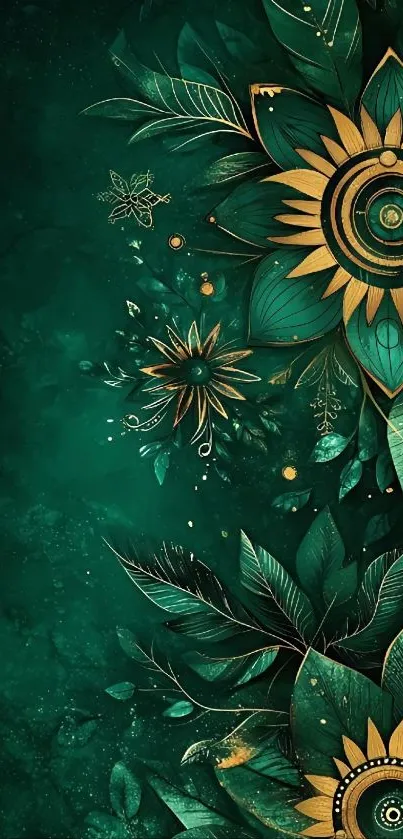 Floral wallpaper with green leaves and intricate design