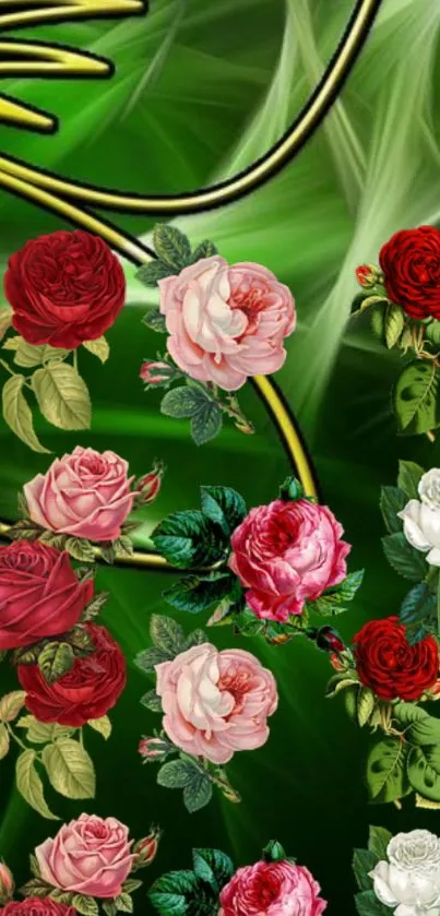 Elegant floral wallpaper with vivid roses and lush green leaves.