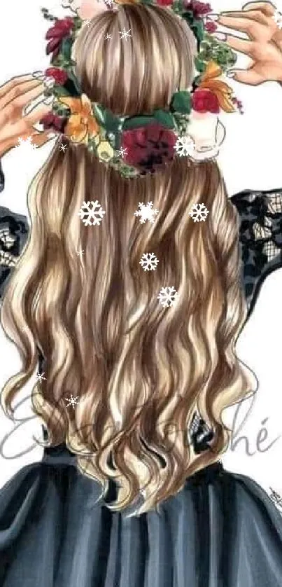 Illustration of a woman with a floral crown and flowing hair in elegant attire.