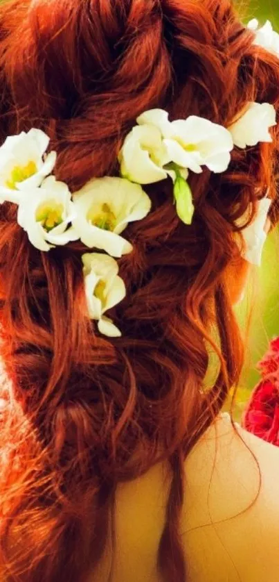 Red hair braided with white flowers for a romantic look.