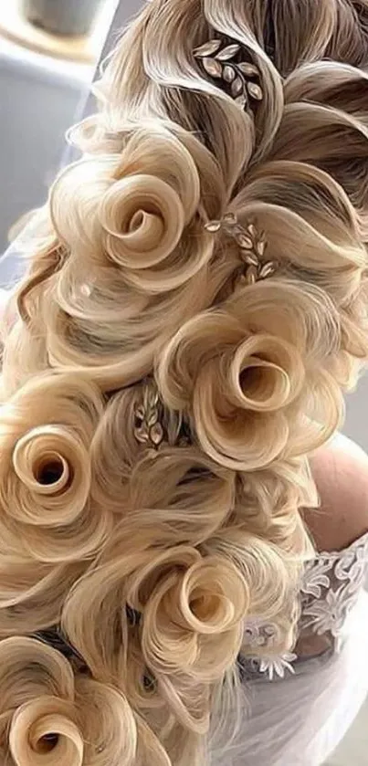 Blonde hairstyle with floral designs and intricate curls for mobile wallpaper.