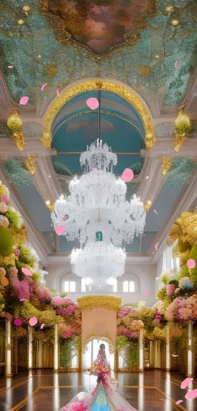 Luxurious hall with chandelier and vibrant floral decorations.