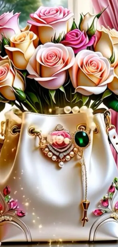 Luxurious handbag with roses art