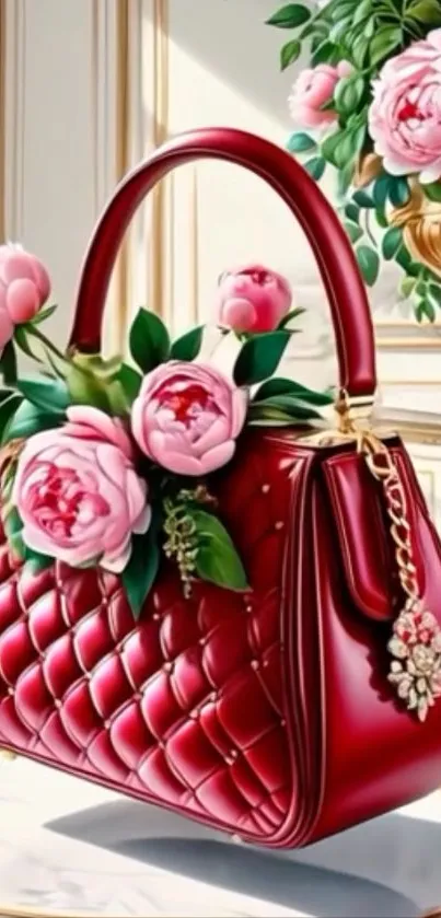 Luxurious red handbag adorned with pink flowers, set in an elegant setting.