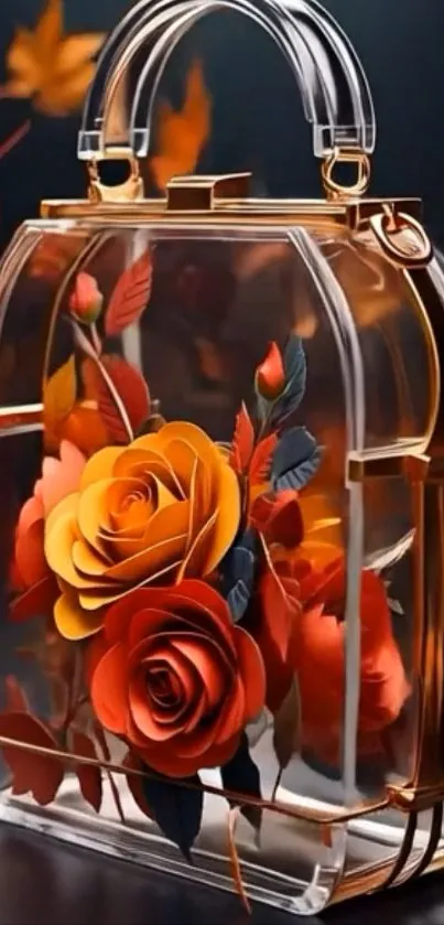 Transparent handbag with elegant floral design featuring orange roses.