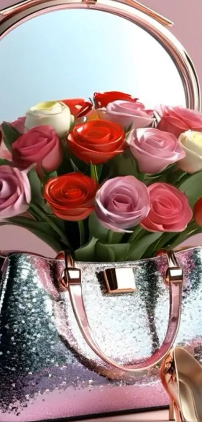 Stylish handbag with vibrant roses and heels in a pink theme.