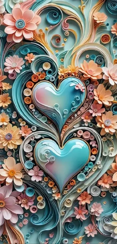 Elegant floral heart wallpaper with swirling pastel designs.