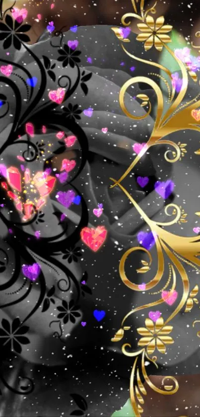 Elegant black and gold floral heart wallpaper with colorful accents.