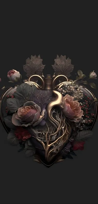 Mobile wallpaper features a floral heart with dark tones, art deco style.