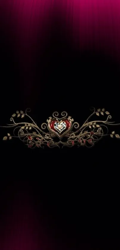 Elegant black wallpaper with floral and jeweled heart design.