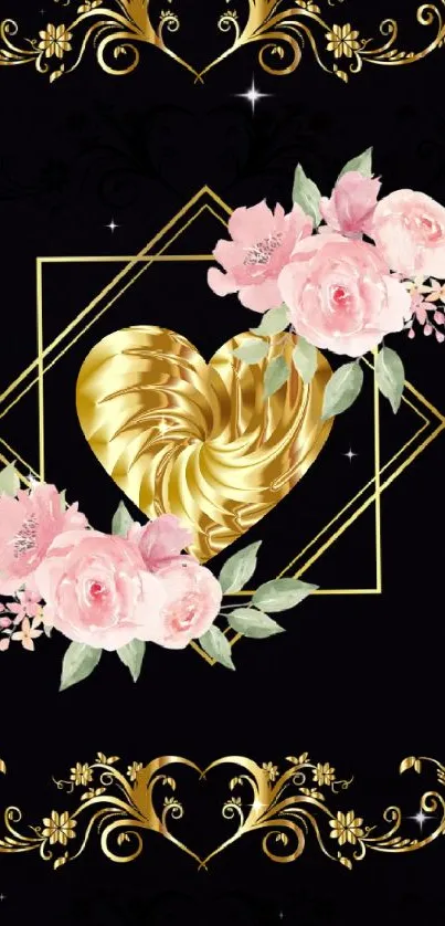 Golden heart with pink roses on black background.