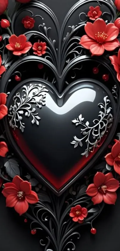 Elegant heart design with red flowers on black background
