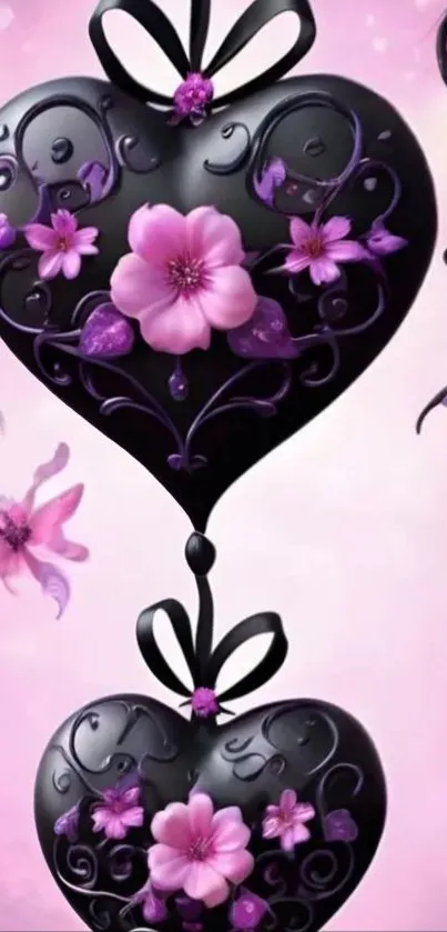 Elegant heart design with pink flowers and black background.