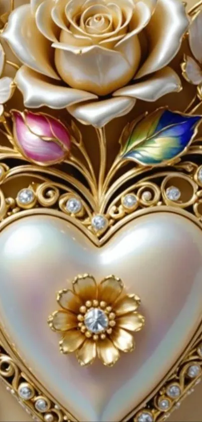 Elegant heart with golden roses and jewels.