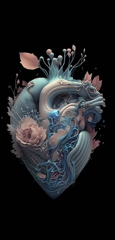 Surreal heart with floral elements on black background.